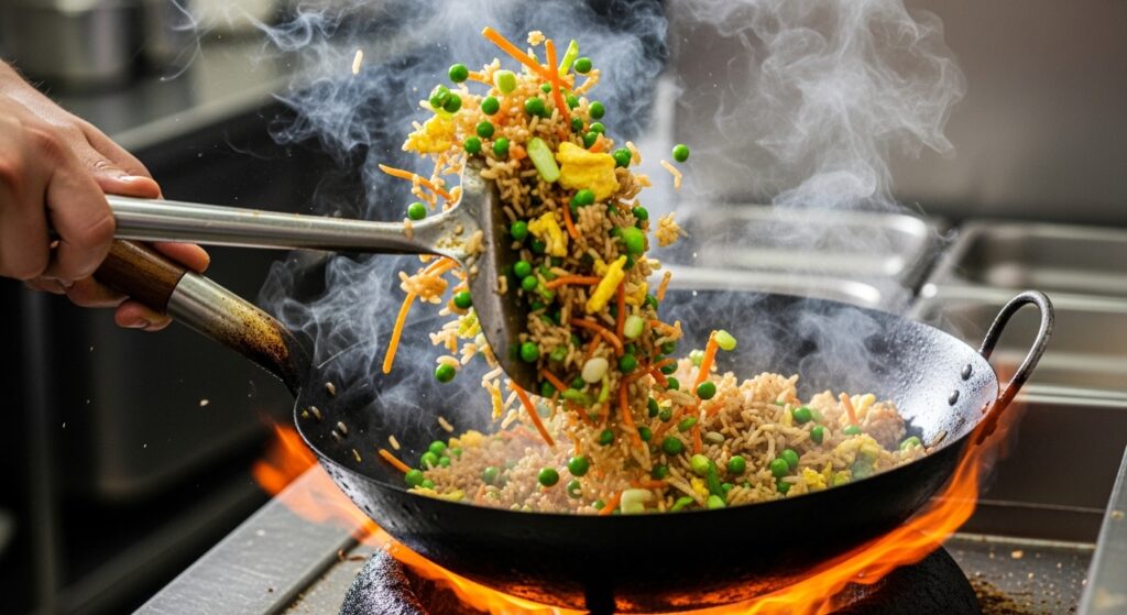 Making the ultimate fried rice by tossing vegetables and leftover rice in a hot wok.