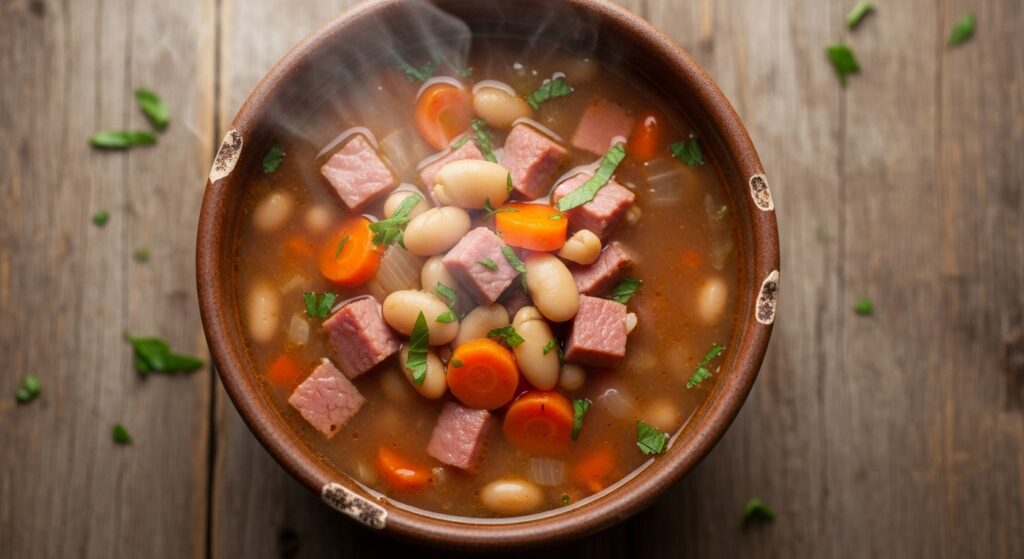 Overhead view of a cozy bowl of ham and bean soup with chunks of ham, carrots, and a wisp of steam rising from it.