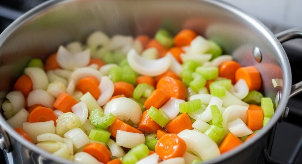 Place a vibrant, well-lit photo here showing the chopped onion, carrots, and celery (the mirepoix) sweating in a pot. The focus should be on the fresh, colorful ingredients.