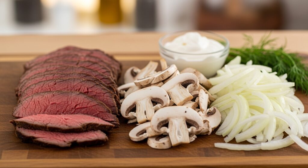 Prepped ingredients for leftover pot roast beef stroganoff, including beef, mushrooms, and onion.