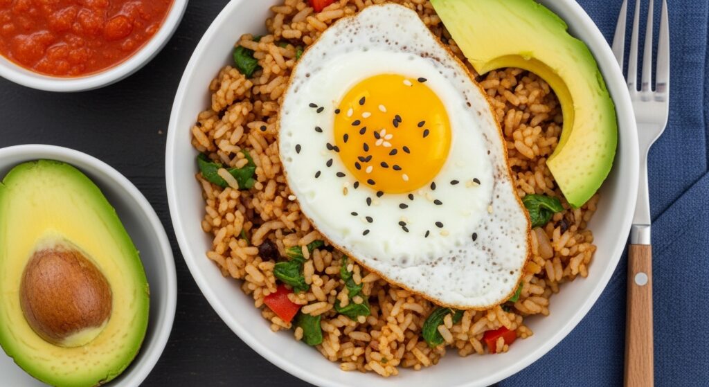 Rice isn't just for dinne A savory leftover rice breakfast bowl topped with a fried egg and avocado.