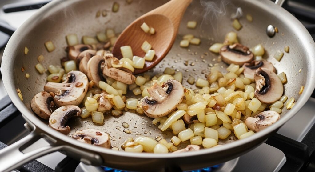 Sautéing mushrooms and onions until golden brown for a beef stroganoff sauce.