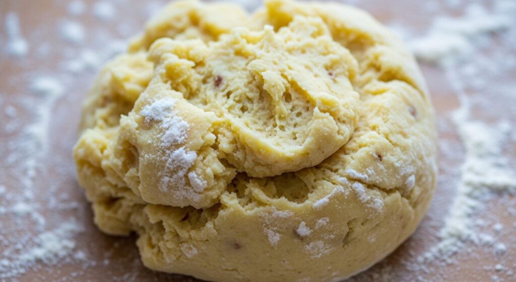 Soft gnocchi dough made from mashed potatoes, ready to be rolled and cut.