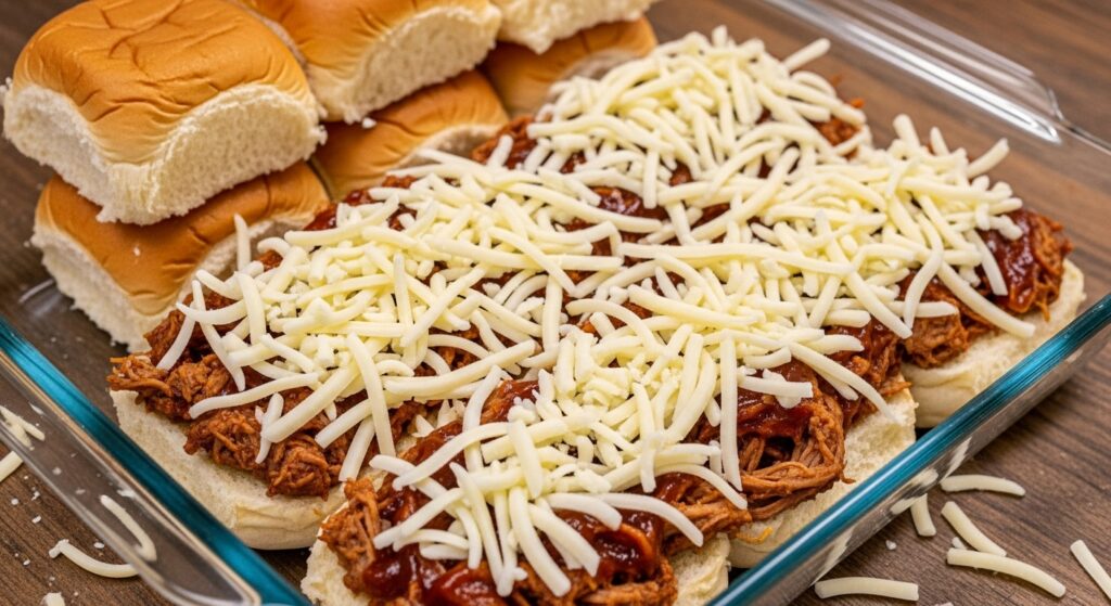 The pulled pork sliders assembled in a baking dish with layers of provolone cheese and leftover pulled pork before the top buns are placed.