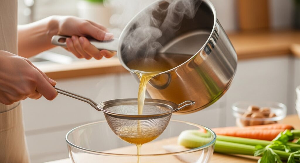 An over-the-shoulder view of a person pouring rich, golden homemade vegetable broth through a fine-mesh strainer into a large glass bowl.