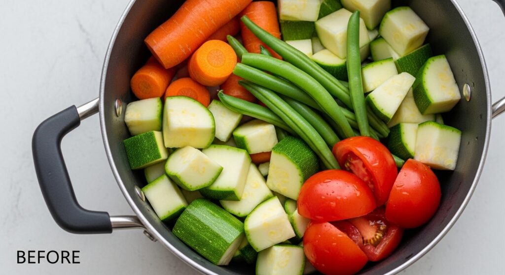 A before shot of chopped leftover summer vegetables, including zucchini, a carrot, green beans, and a tomato, ready for the soup pot.