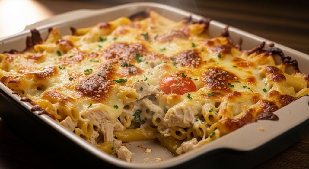 A bubbling, golden-brown leftover chicken Alfredo pasta bake in a baking dish.