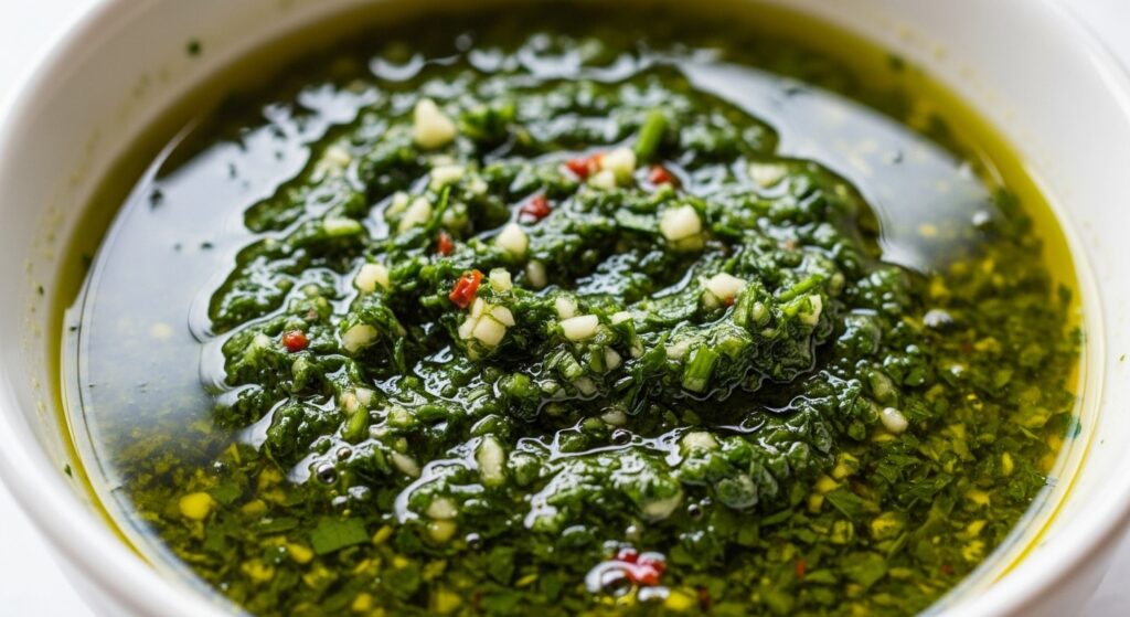A close-up shot of a bright green chimichurri sauce in a white bowl, showing its texture of parsley, garlic, and oil