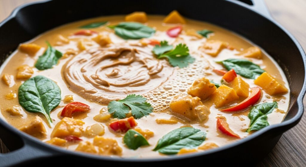 A close-up shot of the creamy peanut butter squash curry simmering in a black cast-iron skillet, showing its rich texture.