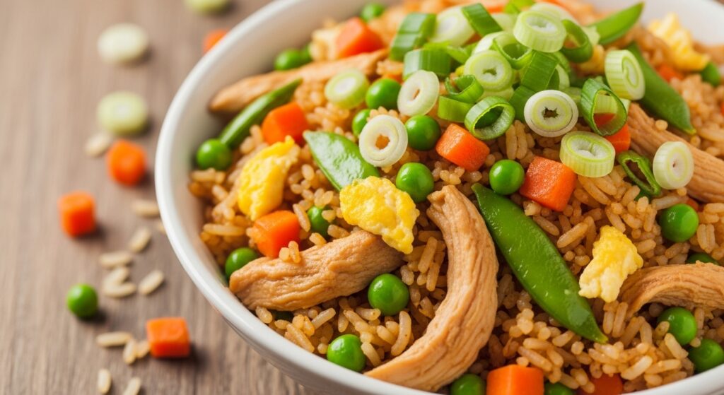  A colorful bowl of easy leftover chicken fried rice, packed with vegetables like peas and carrots, and topped with sliced green onions.
