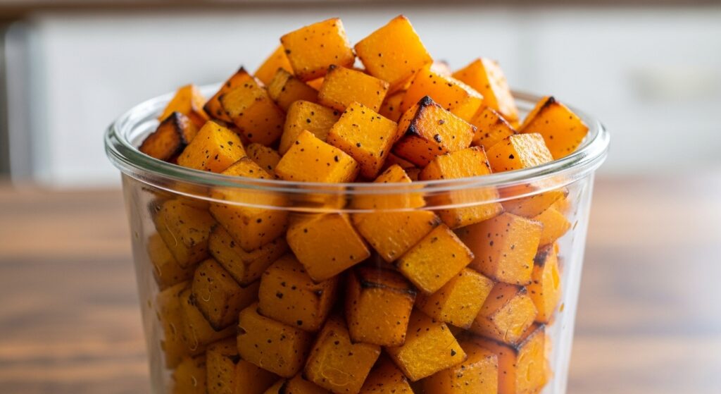 A glass container filled with golden-orange roasted butternut squash cubes, ready to be used in the peanut butter curry recipe