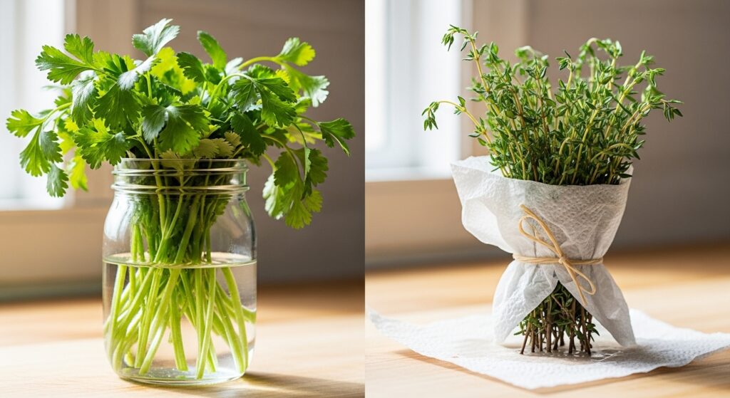A helpful comparison image showing how to store fresh herbs a glass jar with parsley and cilantro stems in water, next to a bundle of thyme wrapped in a damp paper towel.