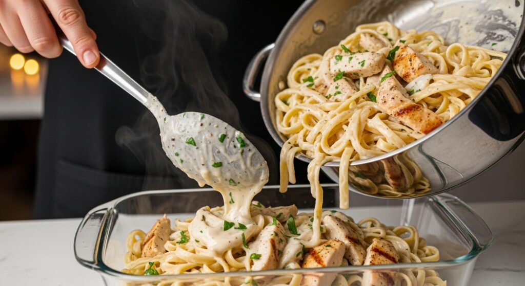 Transferring creamy chicken Alfredo pasta mixture into a baking dish.