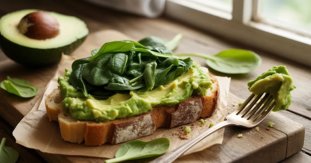 Smashed avocado and wilted spinach